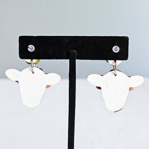 SD Handmade Flower Tiara Green/Orange/Purple Cow Polymer Clay Dangling Earrings - Picture 5 of 5